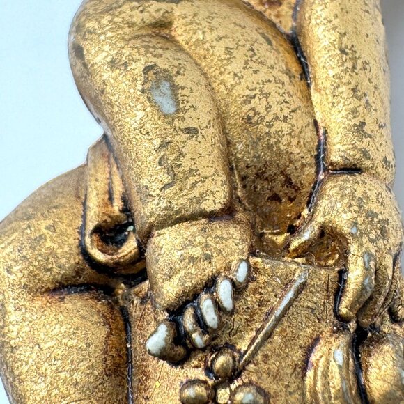 Gold Cherub Angel Figurines Set Of 2 Playing Flute Sitting On Rock Resin Vtg - Picture 8 of 10